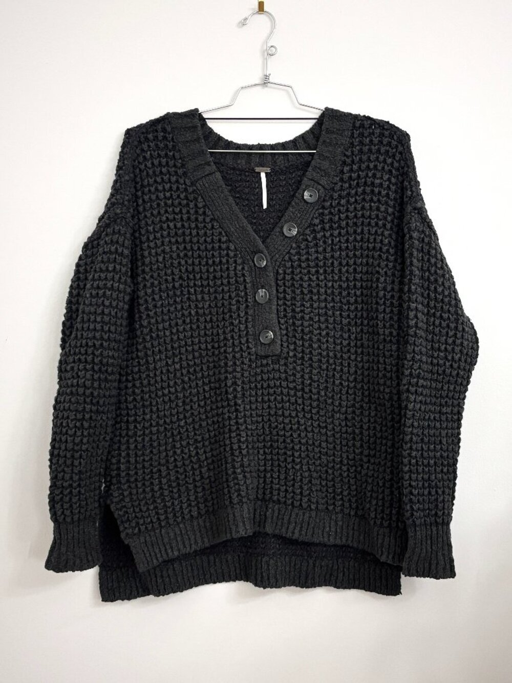 We The Free Free People Whistle Thermal Henley Tunic Black Oversized Sweater -